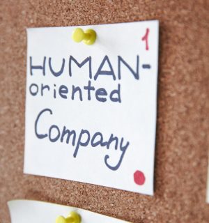 Handwritten notes on a corkboard illustrating a human-oriented company concept. Ideal for business innovation themes.